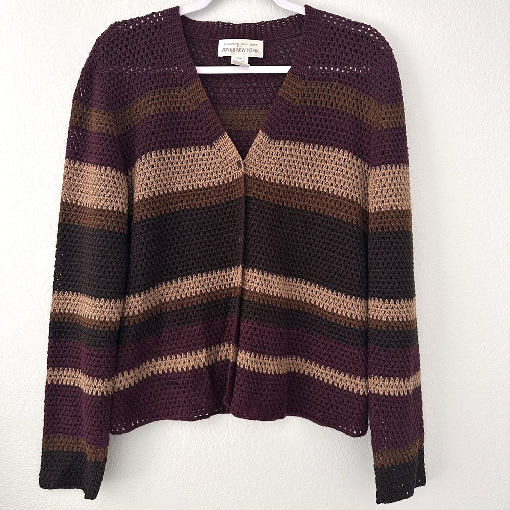 Jones New York -L/G Hand Knit 100% Linen Cardigan Sweater Striped Vintage 90s
